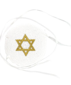 Art Judaica White Baby Knitted Kippah 7 cm with Gold Star of David Embroidery + Strings