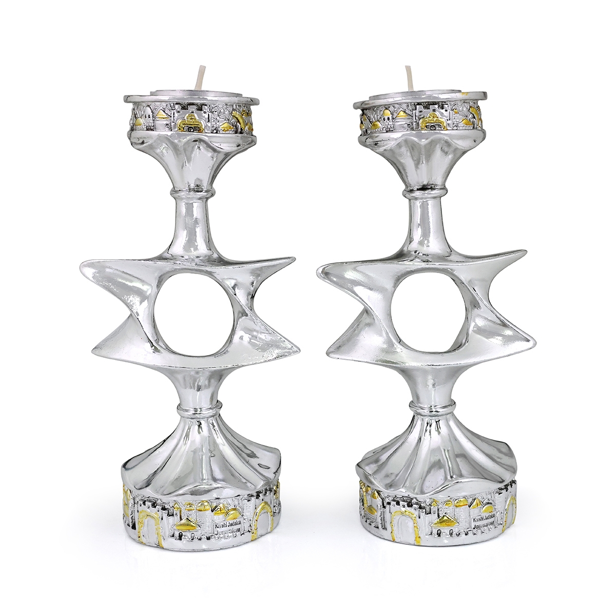 Art Judaica GLASS CANDLESTICKS- PAIR STAR.